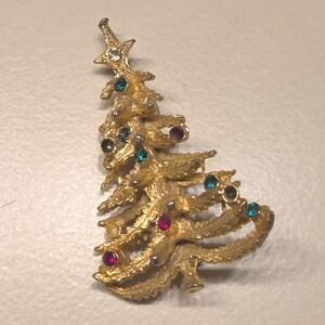 Vintage Gold Tone Christmas Tree Brooch Rhinestone Star Holiday Pin AS IS